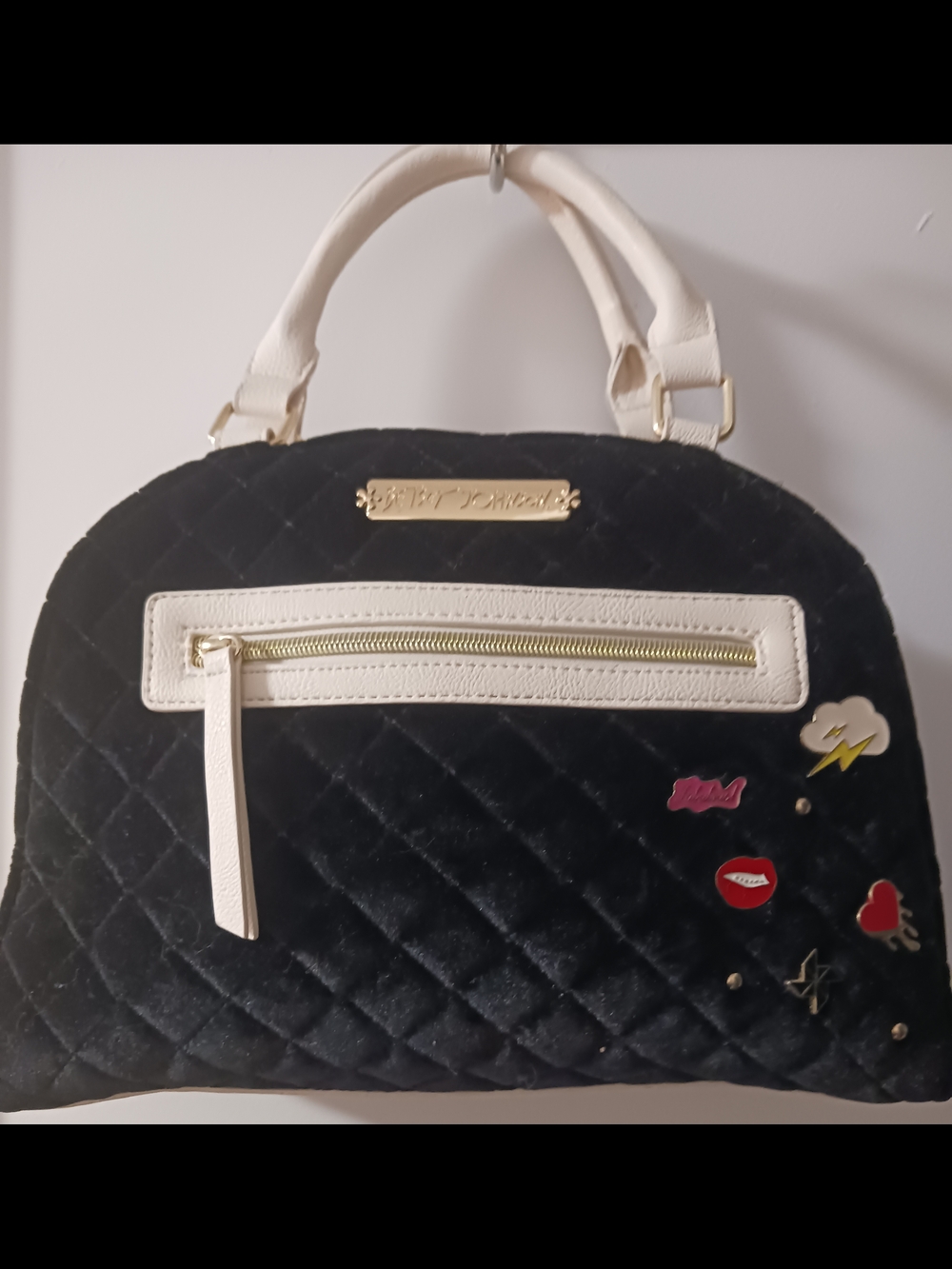 Betsey Johnson Black Quilted Velvet Satchel with Cream Trim and Enamel Charms